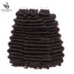 PU Tape In Hair Extensions Deep Wave Double Drawn Tape In Hair 100% Virgin Hair Nature Black #1B