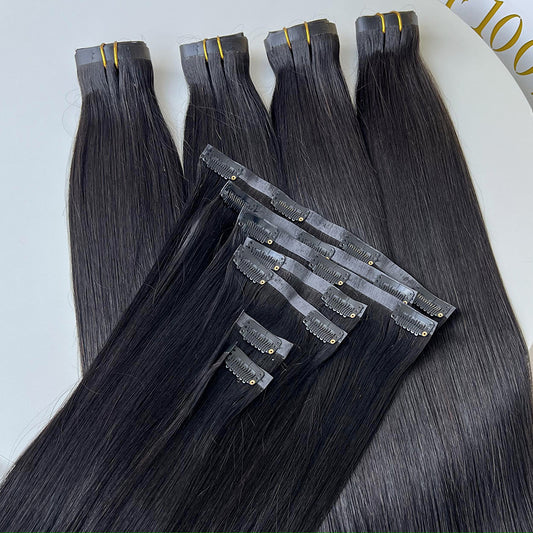 PU Clip Hair Extensions #1B Natural Black Straight Clip Hair Extensions