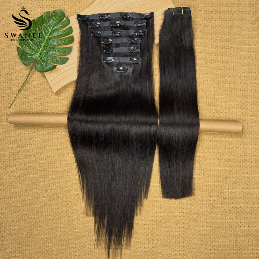 PU Clip Hair Extensions Straight Double Drawn Clip Hair Extensions Natural Black #1B