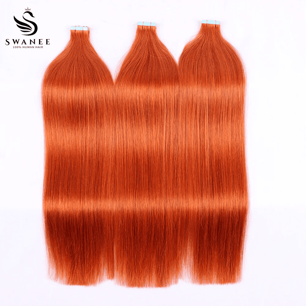 PU Tape In Hair Extensions 100% Remy Human Hair #350 Ginger Orange Color
