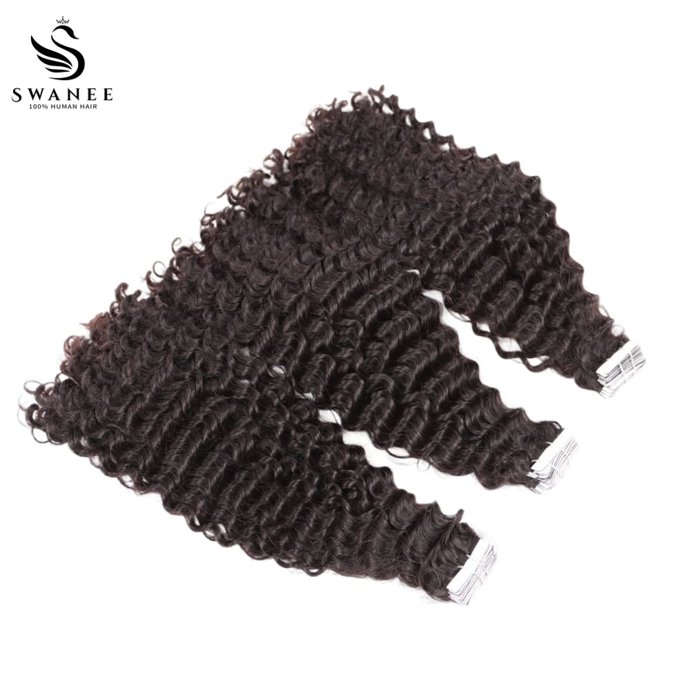 PU Tape In Hair Extensions Kinky Curly Double Drawn Tape In Hair 100% Virgin Hair Nature Black #1B