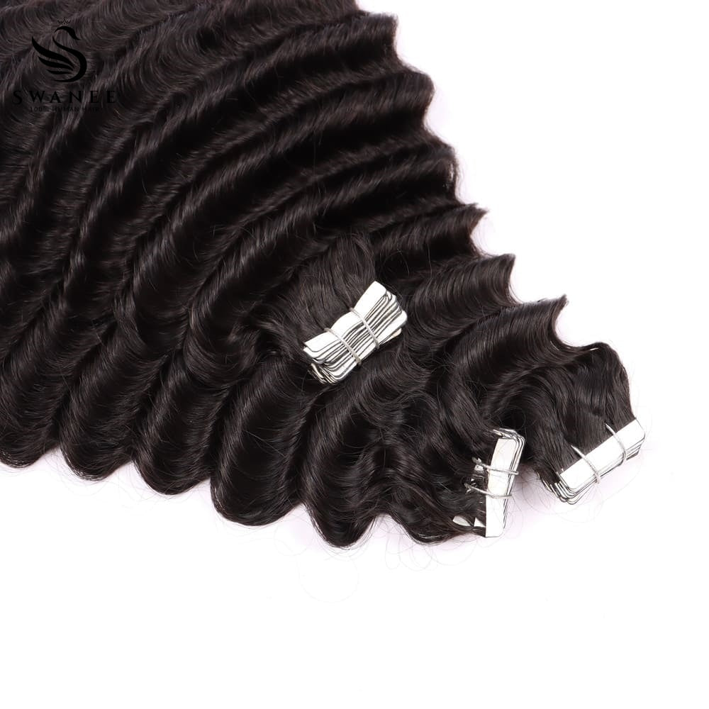 PU Tape In Hair Extensions Deep Wave Double Drawn Tape In Hair 100% Virgin Hair Nature Black #1B